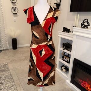 Ralph Lauren Red and Brown Abstract Midi Dress Size Medium